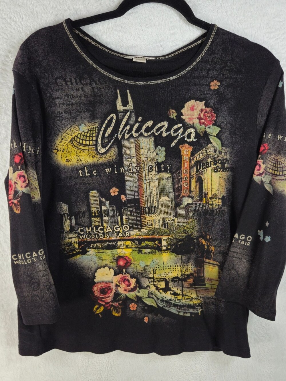 Christopher & Banks Graphic Top Chicago Windy City Black Women's Size Large